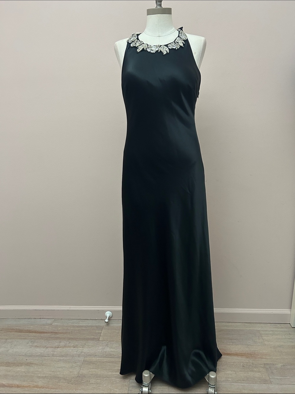 Cassandra Stone Black Halter Maxi Gown with Crystal Collar and Ruffle tail sz 12